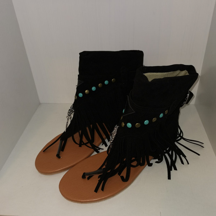 Tassel Flip High-Top Casual Flat Beaded Shell Sandals