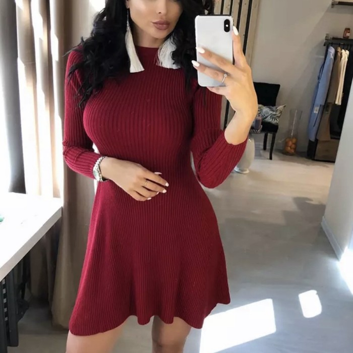 Fashion Long Sleeve Irregular Hem Casual Round Neck A Line Mini Sweater Dress