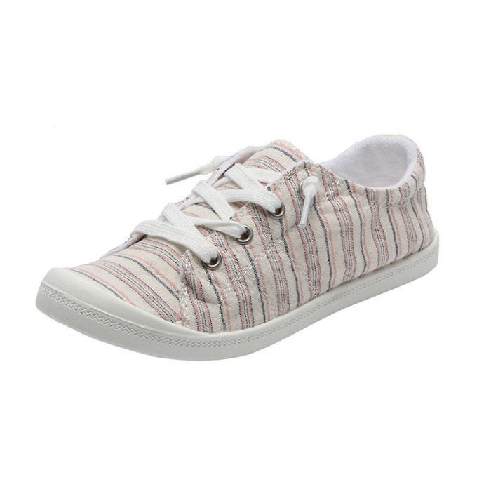 Women's Casual Fashion Lace-up Stripe Flat  Canvas Shoes