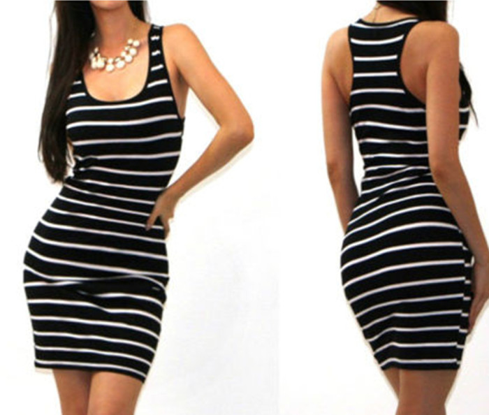 Fashion Sleeveless Striped Skinny Sexy Slim Casual Dress