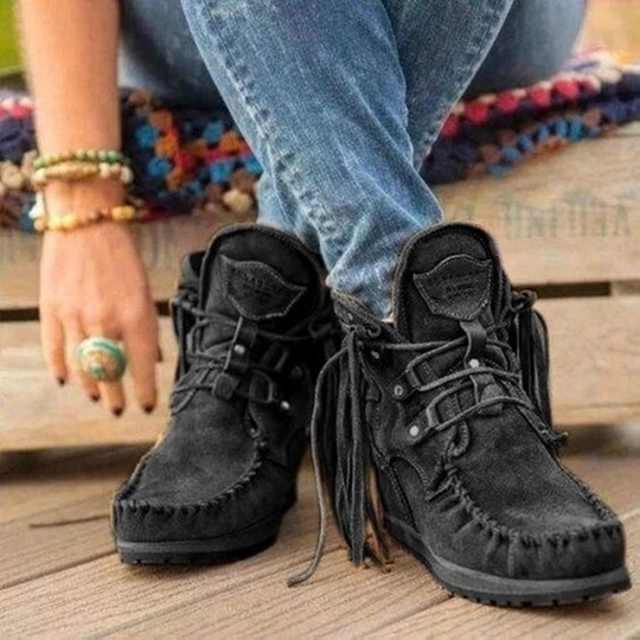 Women's Shoes Retro Tassel Lace-Up Flat Casual  Ankle Boots