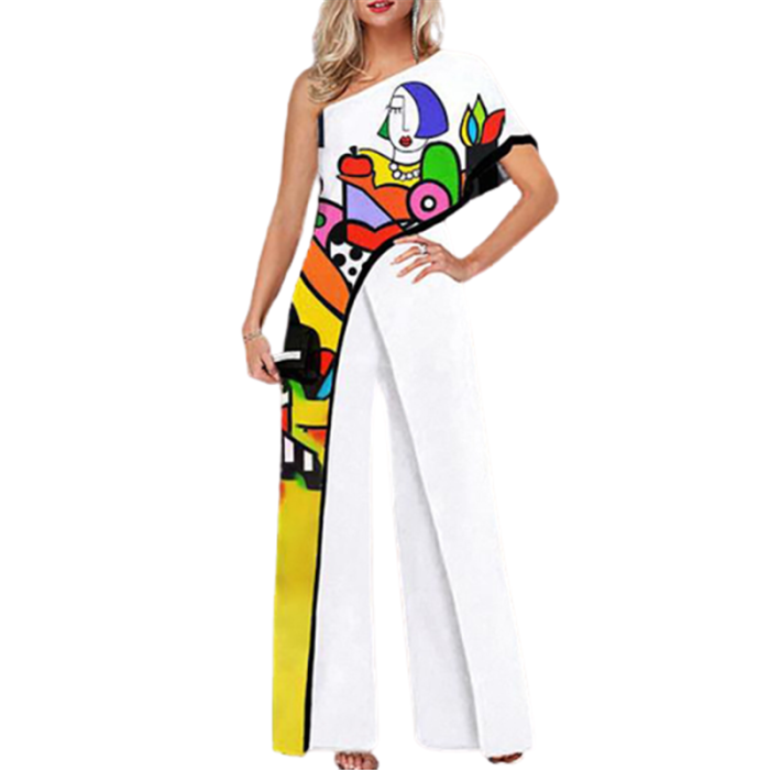 Sexy Off-Shoulder Stitching Fashion Print Straight High Waist Jumpsuit