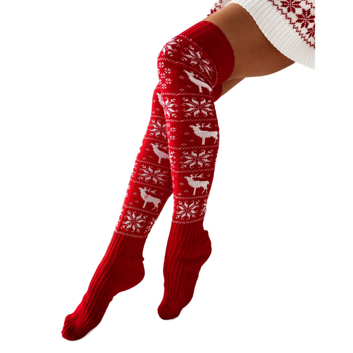 Christmas Ladies Knitted Cotton Yarn Warm Printed Twisted Crochet High Tube Socks