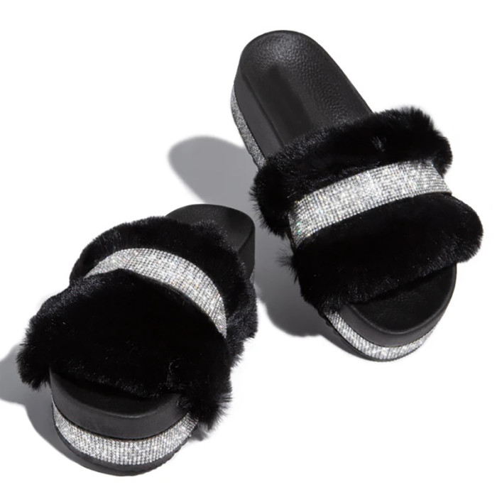 Design Fur Rhinestone Platform Wedge Fluffy Sexy Furry Slippers