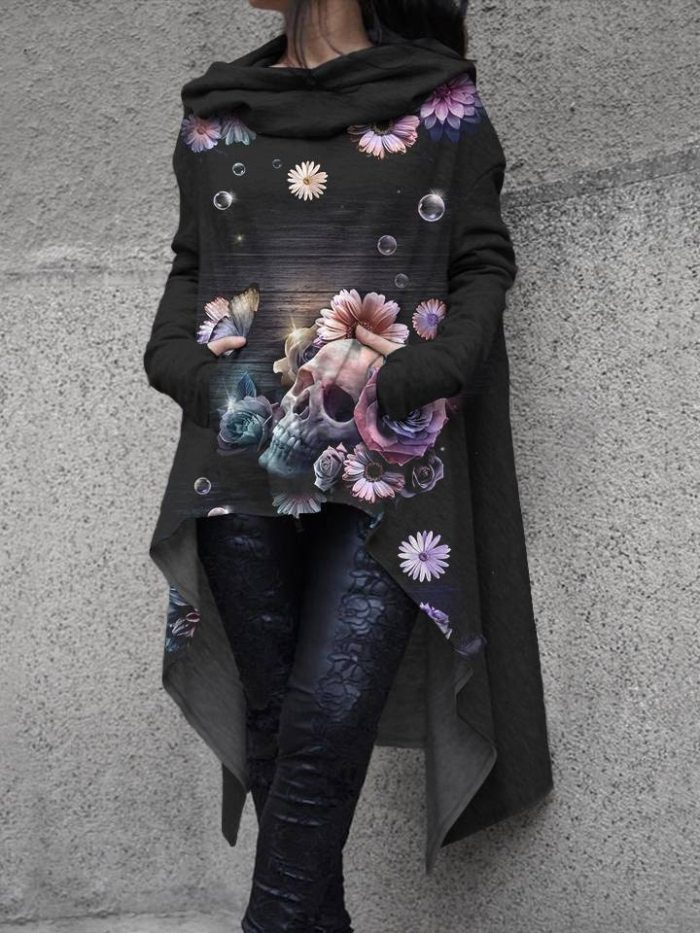 Women's Fashion 3D Printed Irregular Hem Oversized Long Sleeve Hoodie Sweatshirts