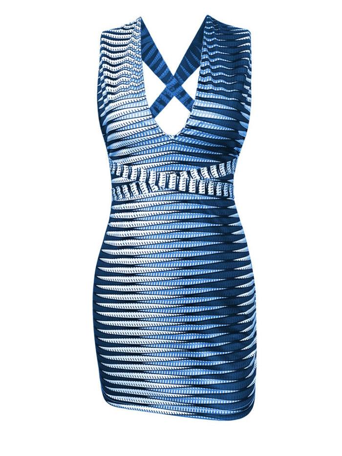 Trendy Stripe Deep V Neck Sexy Party Backless Sleeveless Bodysuit Mini Dress
