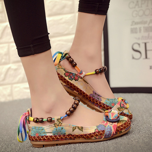 Casual Flat Handmade Beaded Ankle Strap Retro Ethnic Style Embroidered Sandals