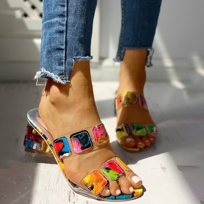 Square Heel Summer Open Toe Multicolor Wedge Sandals