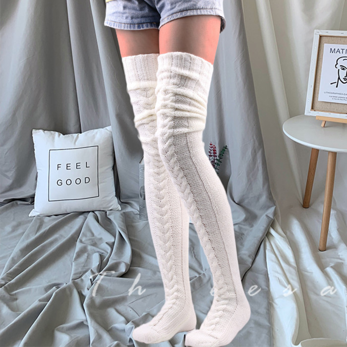 Thigh Warm Knit Warm Solid Color Mid Length Over the Knee Socks