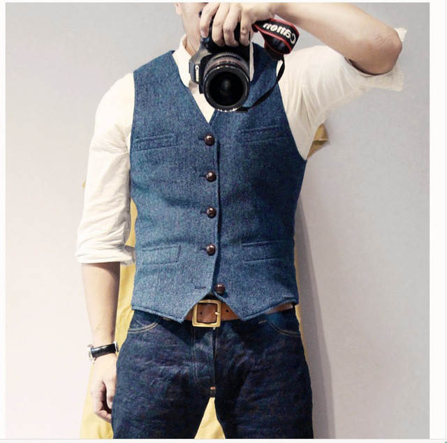 Men's Solid Color Single Breasted Wool Blend Denim Cow Slim Fit Casual Formal Vest