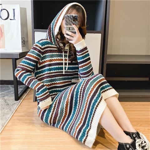 Fashion Retro Ethnic Striped Loose Long Sleeve Hooded Sweater Dress