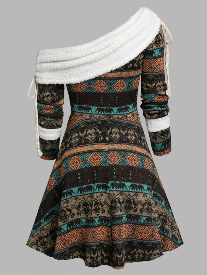 Fashionable A-Line Faux Wool Print Lace Up Slant Neck Casual Long Sleeve Vintage Dress
