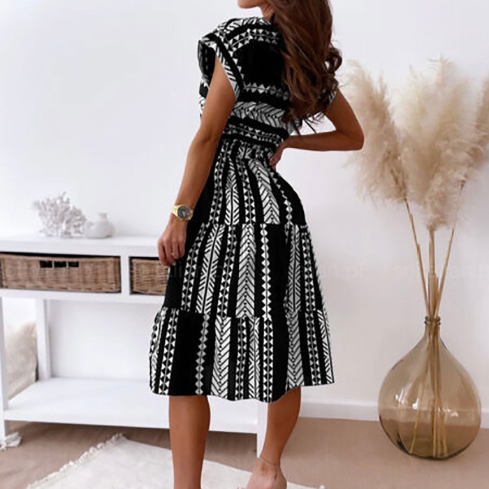 Fashion Irregular Printed Lace-Up Slim Sexy Party Printed Midi Dress