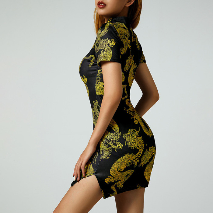 Sexy Cheongsam Button High Neck Hollow Party Package Bodycon Dress