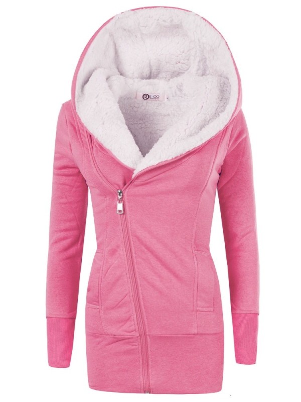 Fashion Long Hooded Plus Fleece Casual Zip Hooded Pocket Jacket Coats