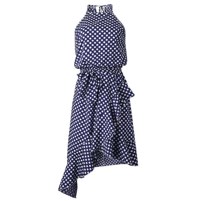 Vintage Polka Dot Ruffle Halter Neck Irregular Tie  Midi Dress