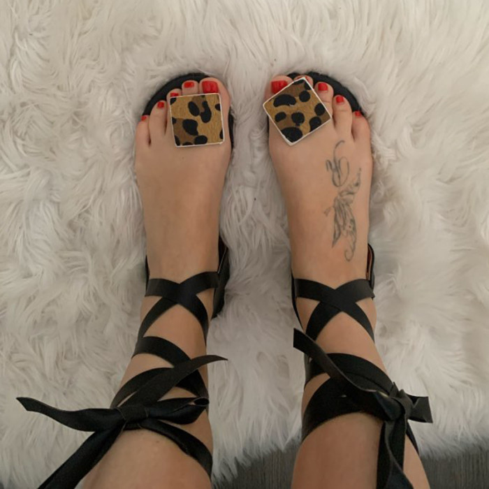 Women's Lace-Up Flat Open Toe Leopard Print Roman  Sandals