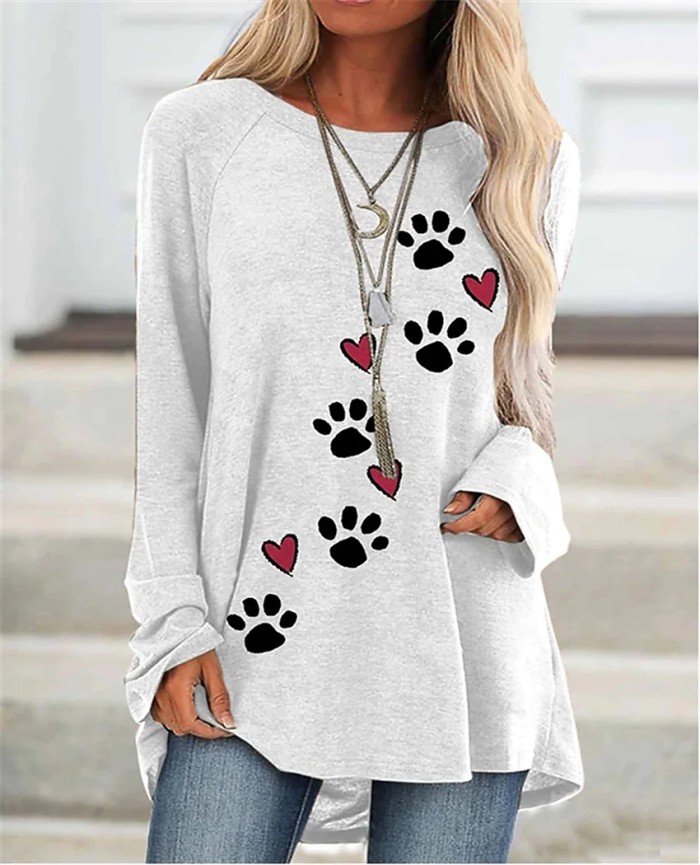 Sexy Loose Long Sleeve Round Neck Vintage Print Fashion T-Shirt