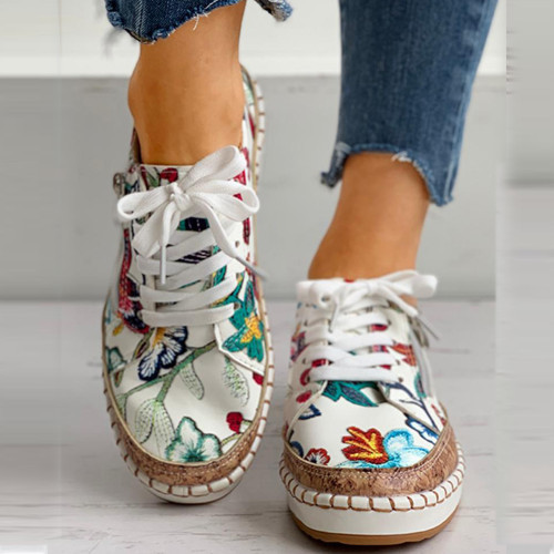 Women's Shoes Elegant Floral Print Lace Up Flat Fashion Round Toe Casual Sneakers