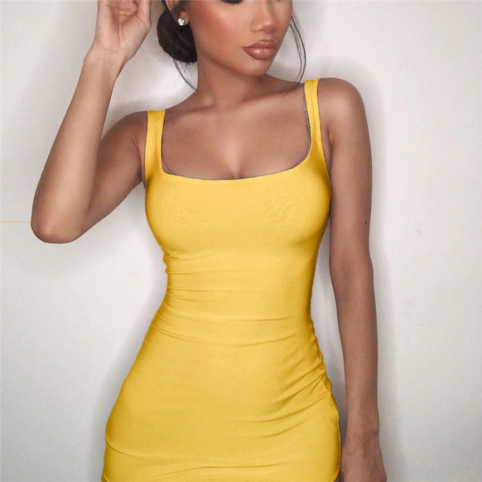 Solid Color Sexy Off Shoulder Sleeveless Square Neck Party Mini  Bodycon Dress