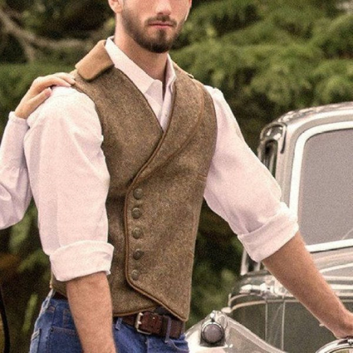 Men's Herringbone Lapel Single Breasted Slim Fit Casual Outdoor Vest