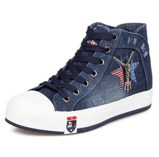 Denim Flat Heel Round Toe High Top Comfortable Fashion Thick Sole Casual Sneakers
