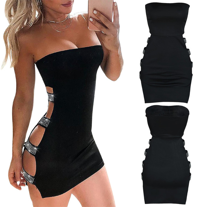 Sexy Skinny Rhinestone Cutout Strapless Solid Color Party  Mini Dress