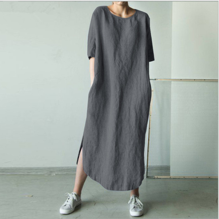 Trendy Cotton Linen O Neck Slit Casual Party  Maxi Dress