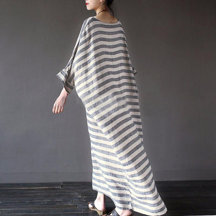 Cotton Linen Stripe Loose Casual Fashion Boho  Maxi Dress