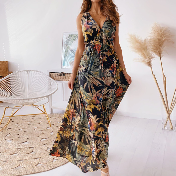 Fashionable Women's Beach Print Backless Sling Sexy Boho Party Maxi Dress