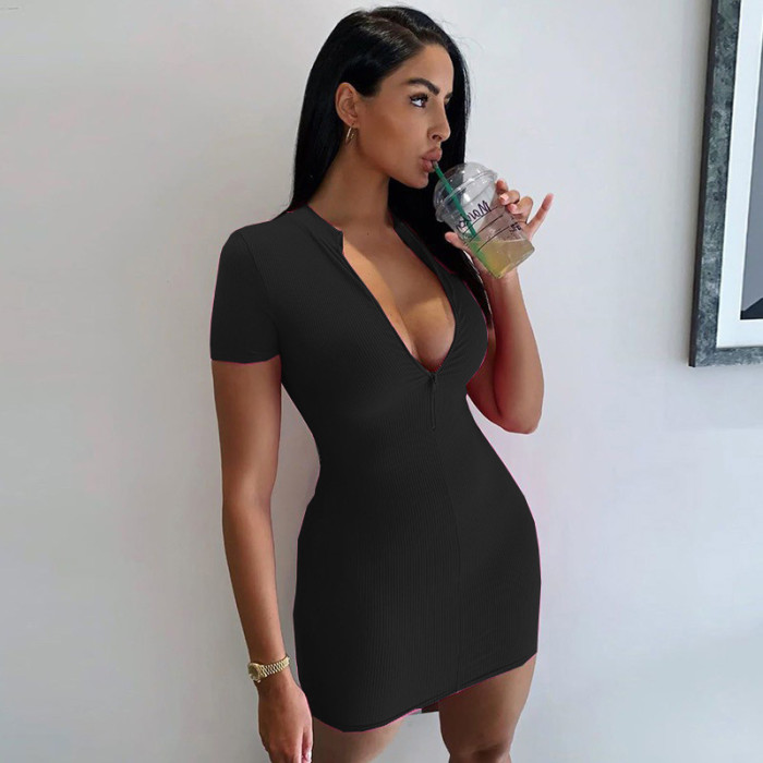 Fashion Knit Mini Sexy High Neck Short Sleeve Package Hip  Bodycon Dress