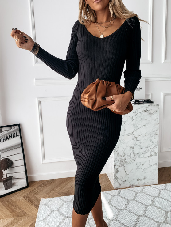 Trendy Long Sleeve Ribbed Body Fit Elegant Solid Backless Midi Dress