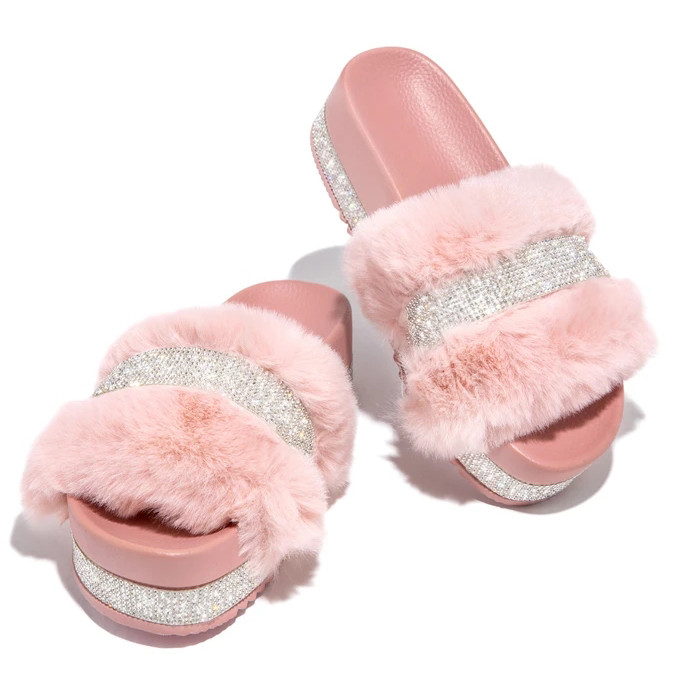 Design Fur Rhinestone Platform Wedge Fluffy Sexy Furry Slippers