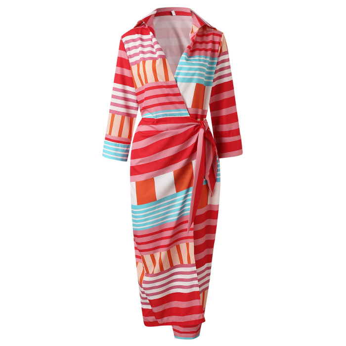 Fashion Half Sleeves Elegant Stripe Print Bohemian Beach Loose Party  Maxi Dress