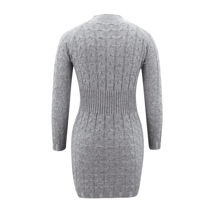 Fashion Elegant Solid Color O-Neck Long Sleeve Knit Skinny Mini Sweater Dress