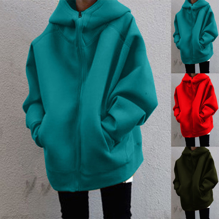 Oversized Zipper Fashion Casual Solid Color Long Sleeve Loose Hoodie Jacket