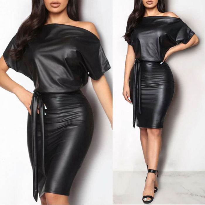 Sexy PU Leather Elegant Formal Off Shoulder Party Zipper  Bodycon Dress