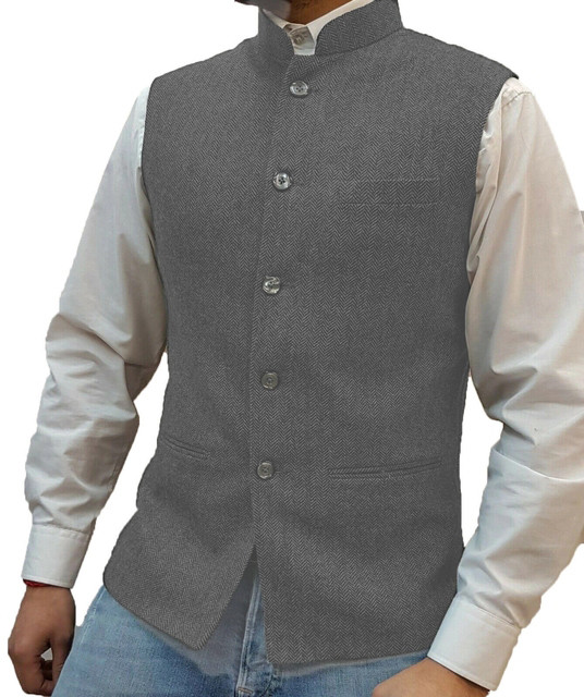 Men's Fashion Herringbone Wool Tweed Stand Collar Slim Vest