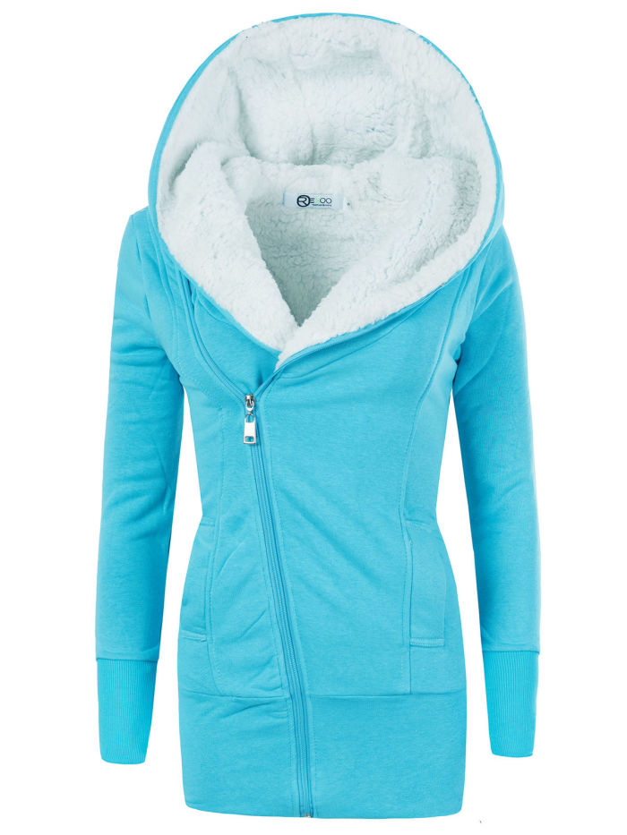 Fashion Long Hooded Plus Fleece Casual Zip Hooded Pocket Jacket Coats