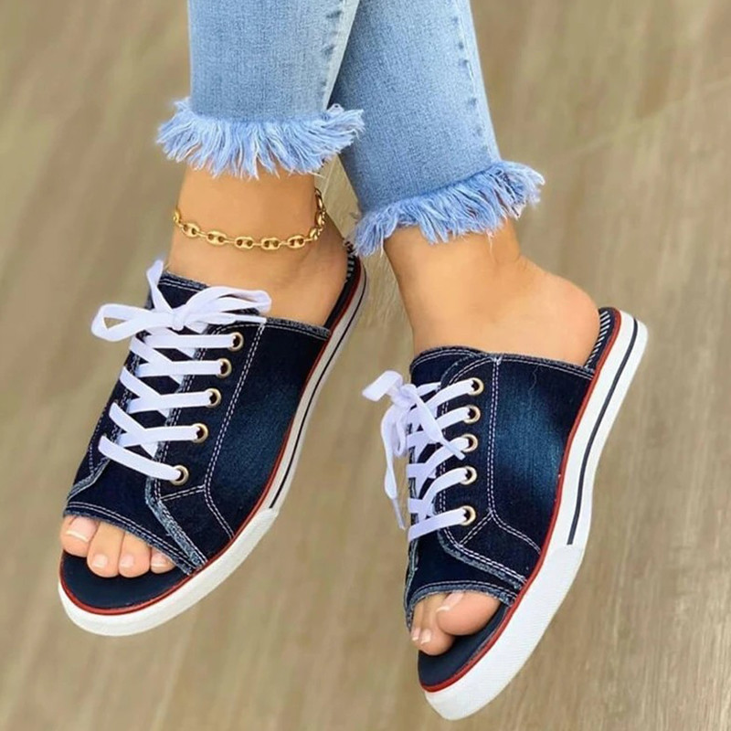 Women's Shoes Canvas Lace Up Open Toe Flat Casual Fashion Beach  Slippers