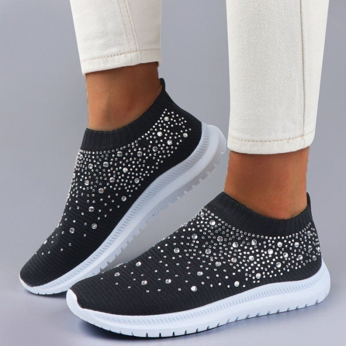 Women's Shiny Crystal Fashion Casual Slip On Mesh Flat Sneakers