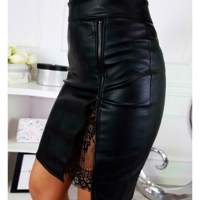 Fashion Lace Stitching High Waist PU Leather Zipper Slit Skinny  Skirt