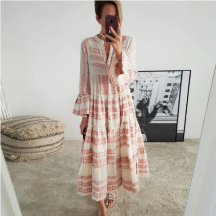 Fashion Casual Loose Ruffle Long Sleeve V Neck Striped Print Bohemian Maxi Dress