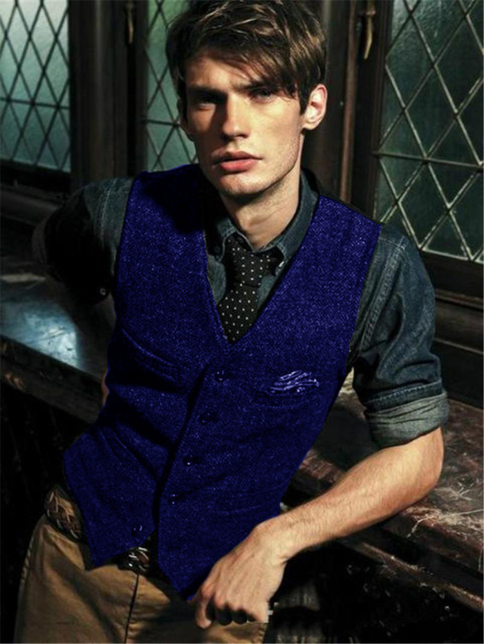Men's Fashion Wool Single Breasted Herringbone Tweed Casual Vest