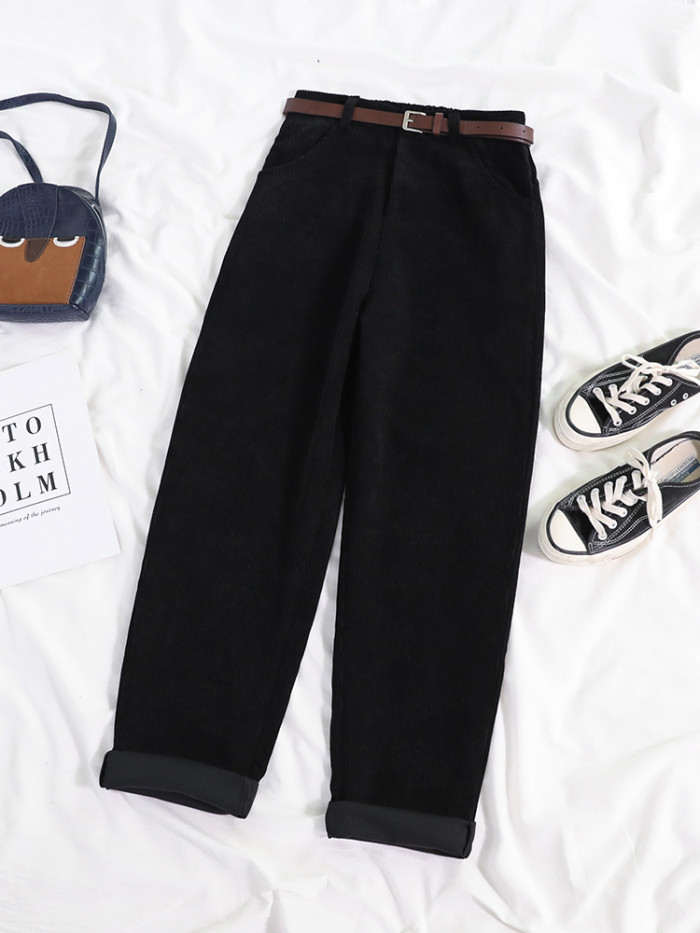 Women's Corduroy Pants High Waist Retro Casual Elegant Belt Loose Wide Leg Pants