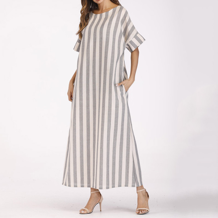 Trendy Bohemian Striped Cotton Linen Casual Loose Maxi Dress