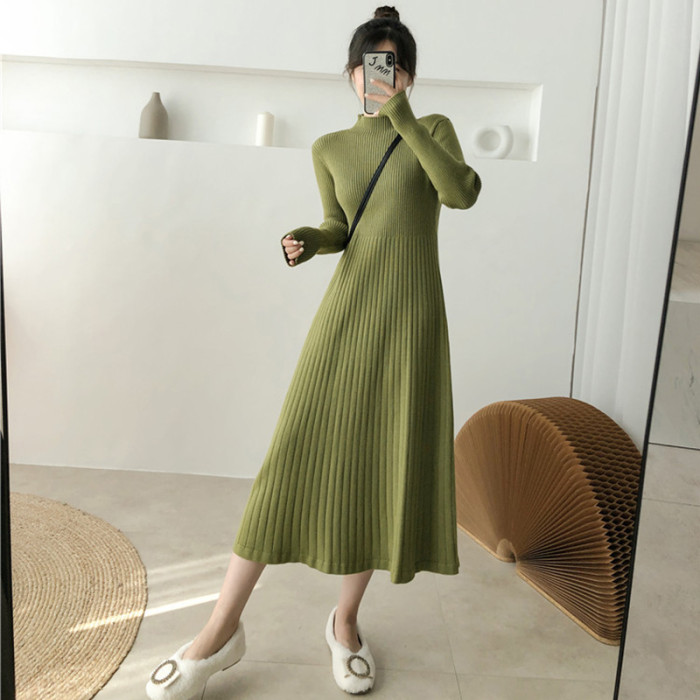 Women's Turtleneck Solid Color A-Line Long Sleeve Mid Knitted Dress