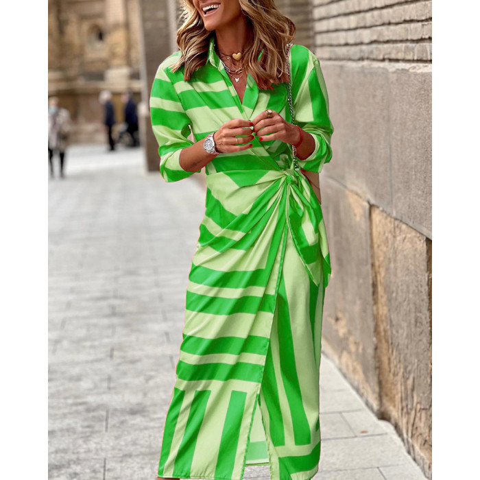 Fashion Lapel Round Neck Stripe Print Elegant Ruffles Casual Maxi Dress