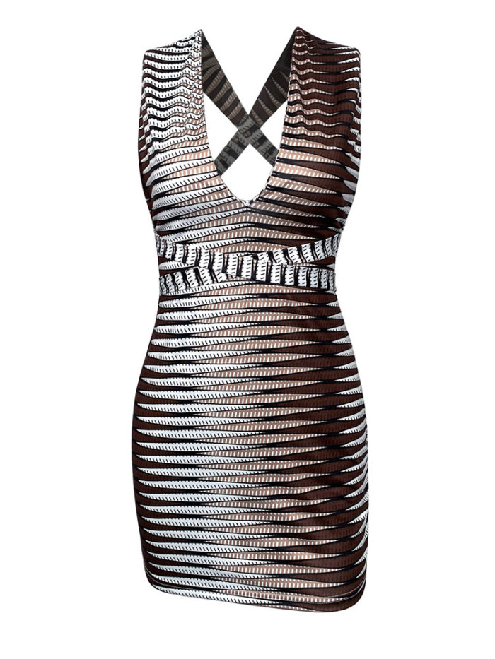 Trendy Stripe Deep V Neck Sexy Party Backless Sleeveless Bodysuit Mini Dress