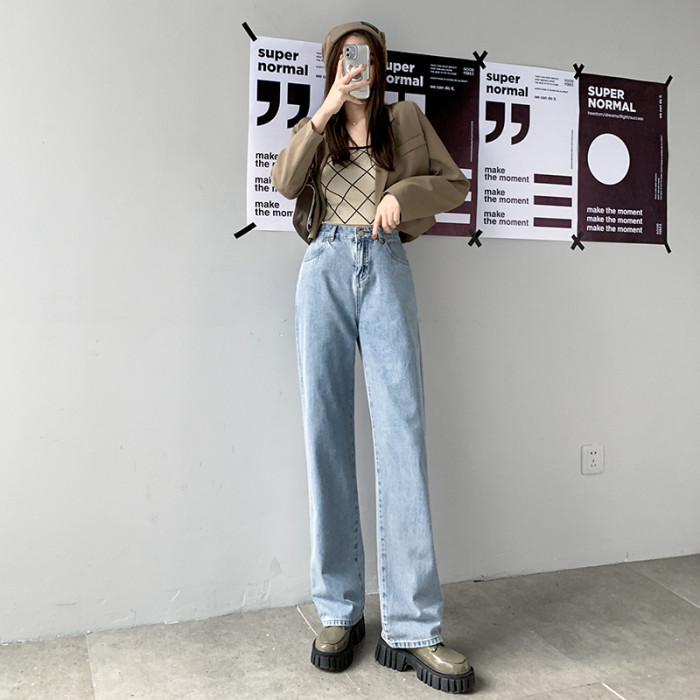 Fashion Solid Color Straight Leg Jeans High Waist Loose Casual  Pants
